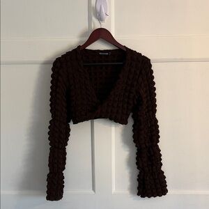 Brown Textured Long Sleeve Crop Top with Scarf/Sarong